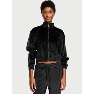 Victorias Secret Black‎ Velour Rhinestone Track Jacket Full Zip Mock Neck Medium